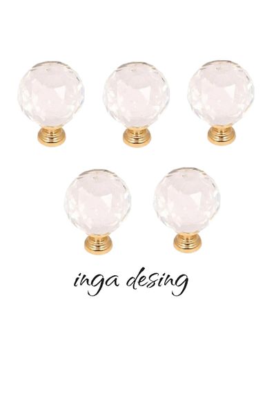 inga desing Crystal Button Clear Glass Gold Cabinet Drawer Handle with Single Screw(5Pcs)
