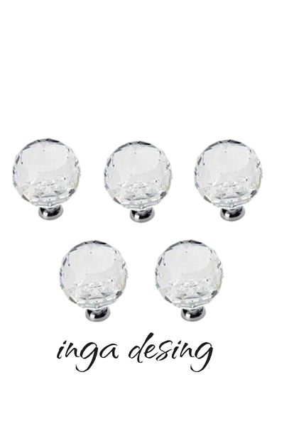 inga desing مقبض درج خزانة فضي زجاجي شفاف بأزرار كريستالية مع برغي واحد (5 قطع)