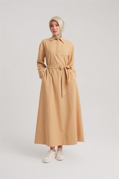 Armine Βασικό βαμβακερό φόρεμα Camel Polo Neck - 24y9822