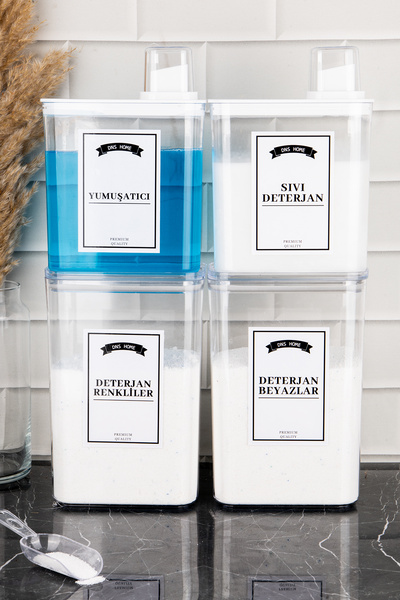DNS HOME Set of 4 Detergent Storage Containers Self Scale Liquid Softener Colored Whites Label 3000ml