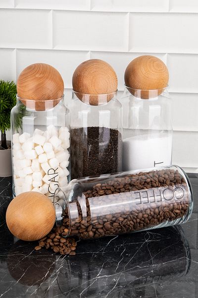 DNS HOME Set of 4 Tea, Sugar, Coffee, Salt and Glass Storage with Clear Labeled Wooden Ball Cover for 1300ml