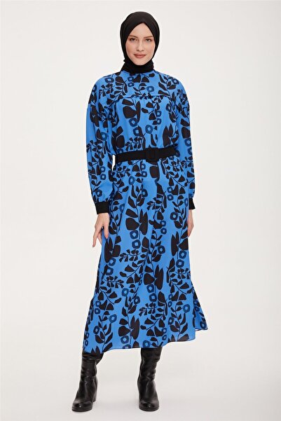 Armine Önü Robalı Çiçekli Elbise 22k9506 Kobalt