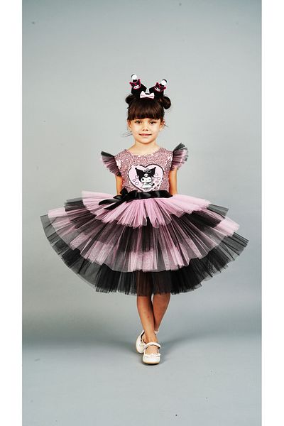 Delfini kids ROZ KUROMİ Costum și rochie de prințesă de ziua de naștere cu paiete cu accesorii pentru coroană