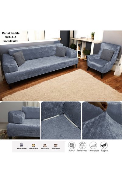 Hantaj Parlak Kadife Streç Lastikli 3 3 1 1 Koltuk Örtüsü Takımı Kanepe Çekya...