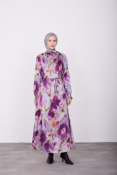 Armine Printed Violet Dress with Buttons on the Front, 23K9716