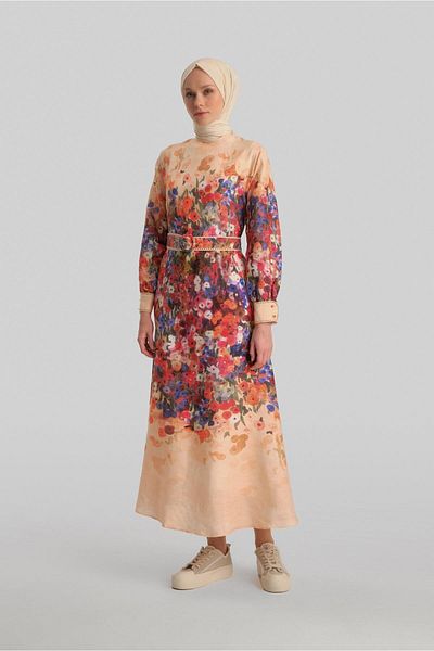 Armine Print Stripe Detail Dress - 24Y9836 Peach