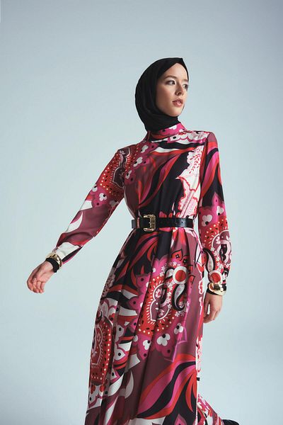 Armine Red Pleated and Print Dress - 24K9907