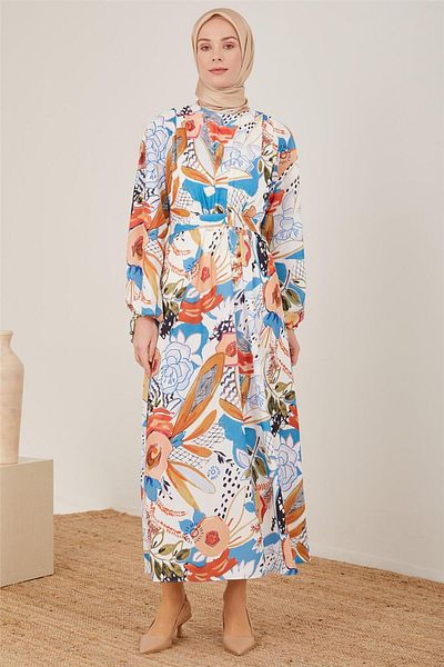 Armine Shoulder Pleated Patterned Dress 23y9628 Ecru
