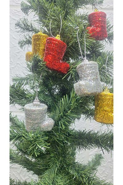 asöy Gold Red Silver Glitter Christmas Boots - Pine Tree Decoration Colorful, 6 Pieces
