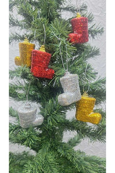 asöy Gold Red Silver Glitter Christmas Boots - Pine Tree Decoration Colorful, 6 Pieces