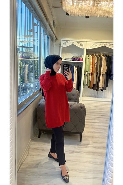 Invee Invee 6986 Fabric Detailed Red Knitwear Tunic