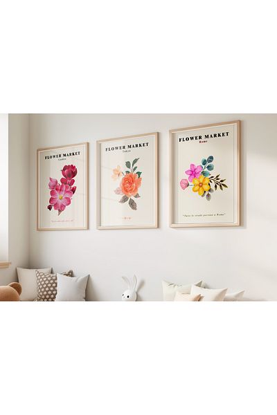 Efsa Sanat Tasarım Σετ ζωγραφικής 3 τεμαχίων με κορνίζα Floral - Σετ ζωγραφικής Modern Flower Market - Σετ ζωγραφικής σαλονιού