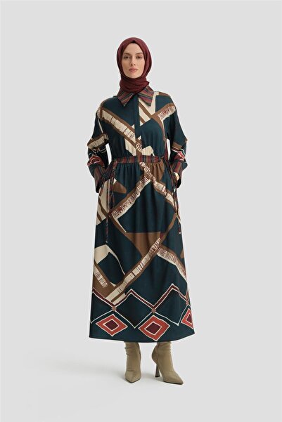 Armine Geometrik Desenli Elbise 24k9911 Petrol