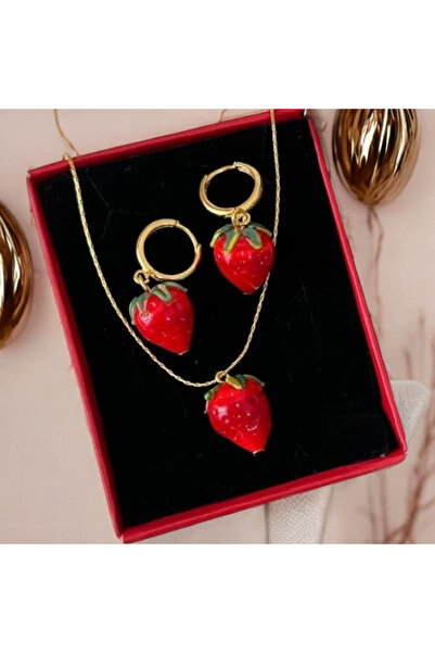 Neta Kadın Murano Çilek Altın Kaplama Kolye Küpe Set