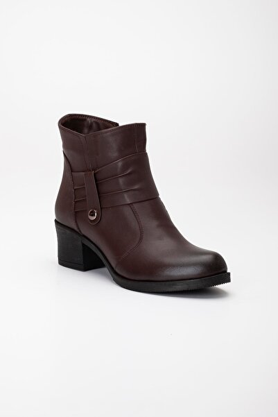 Dilimler Ayakkabı Γνήσιες δερμάτινες γυναικείες μπότες με τακούνι καφέ χωρίς κορδόνια με στρογγυλή μύτη