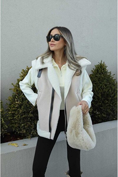 MODA DURAĞI Жіночий жилет із замші, що виглядає як шкіра, високої якості - з хутром всередині