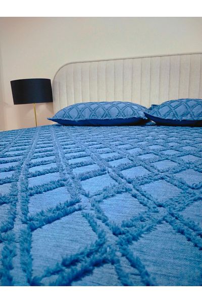 LinHome HandanPolat Silvie Chenille Pique Set, Double, Navy, Size:240X250, 2 Pillowcases
