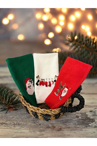 Ellaline Set of 3 Embroidered Christmas Towels - 100% Cotton, Certified, Hand Face and Kitchen Guest Christmas 30X50Cm