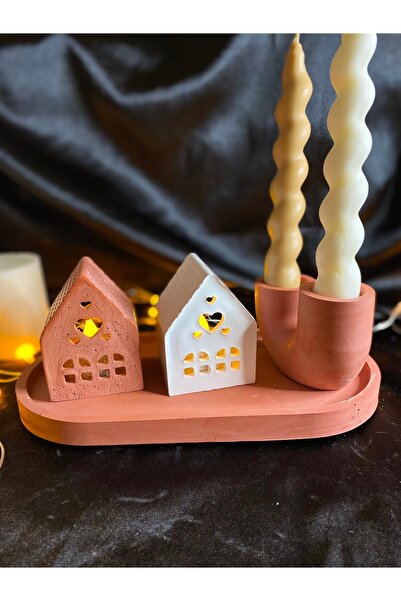 Daphne Candles Aksesuar İskandinav Tarzı 2’li Ev,Şamdan,Mum Ve Oval Tepsi (He...