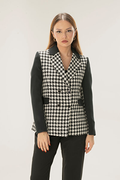 MY COUSİN Kadın Siyah Kazayaği Desen Çift Düğmeli Ceket