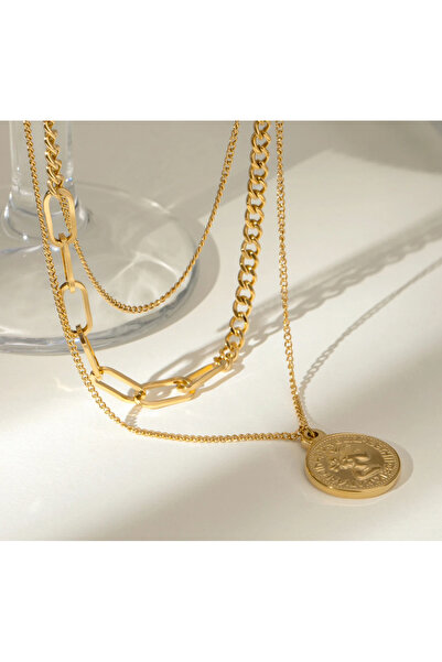 Swen Collection Üçlü Zincirli Yuvarlak İkonlu Çelik Kolye