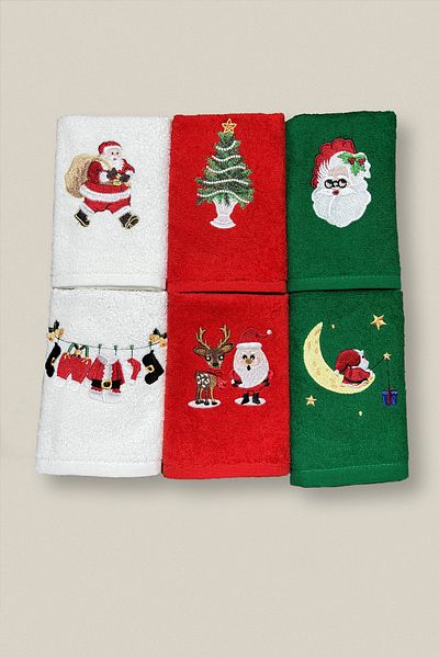 Ellaline Set of 6 Embroidered Christmas Towels - 100% Cotton, Certified, Hand Face and Kitchen Guest Christmas 30X50Cm