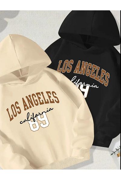 Baxia Kids Winter Sweatshirt with Los Angeles Print - Beige and Black 2 Pack