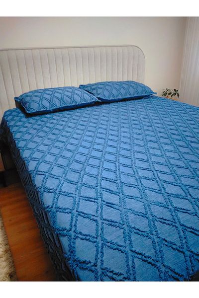 LinHome HandanPolat Silvie Chenille Pique Set, Double, Navy, Size:240X250, 2 Pillowcases