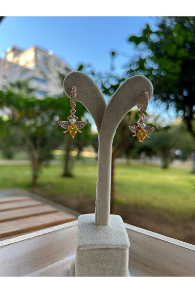 Moonjy Çelik Gold Zirkon Taşlı Arı Küpe