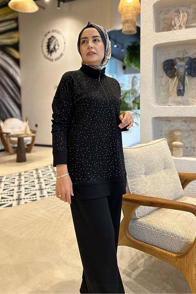 Cashmere Moda Black Stone Detailed Tracksuit Set