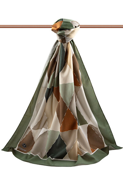 Vissona Luxury Medina Triangle Patch Patterned Khaki Green Color 75X195 Wrinkle Free Shawl Moss Cropped Stitch Type Italian D
