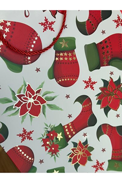 QUEEN AKSESUAR İthal büyük altın varaklı parlak çiçek süslü noel hediye paketi ip askılı karton çanta poşet yılbaşı