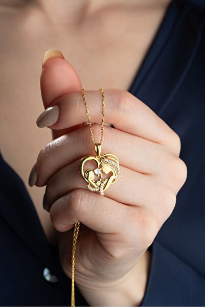 MUİ JEWELRY 925 Ayar Gümüş Gold Kalp Anne Bebek Kolye