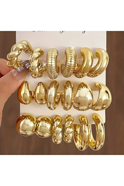 Perry Accesories 9 Çift Kaliteli Kaplama Çift Küpe Gözyaşı Damlası Bottega Küpe Halka Bombe Küpe Çoklu Kombin Küpe