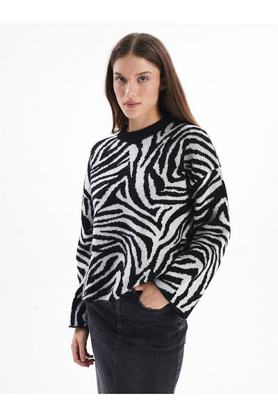 Dexia Messina Zebra Print Crew Neck Knit Detail Sweater - Zebra Color