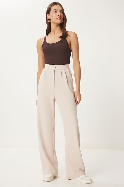 Lovelyİstanbul Relaxed Fit Lycra Knitted Palazzo Trousers - Cream Lrv0019
