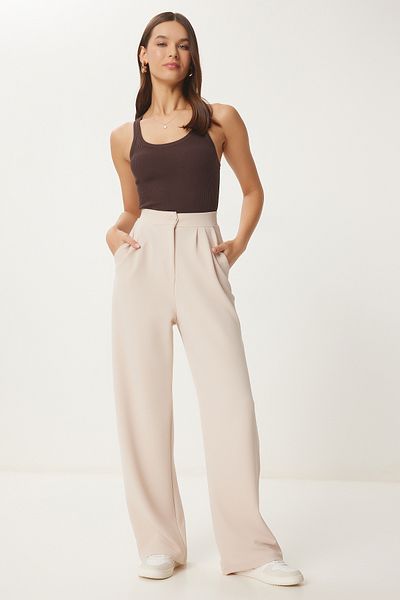 Lovelyİstanbul Relaxed Fit Lycra Knitted Palazzo Trousers - Cream Lrv0019