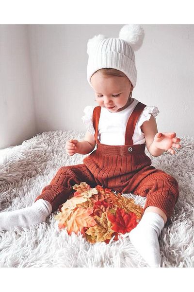 Sparrow Laurel Red Brick Front Buttoned Strap Adjustable Unisex Baby Knitwear Salopet Leggings Trousers