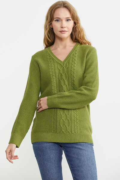 Sementa Green V-Neck Motif Wool Knitwear Sweater