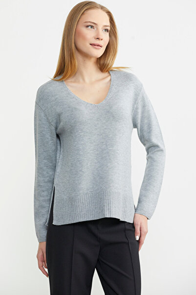Sementa Loose V-Neck Basic Knitwear Sweater - Gray