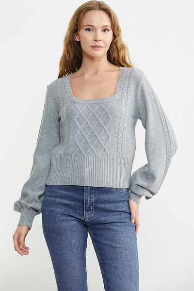 Sementa Pulover din tricot cu mânecă largă cu gât pătrat - gri
