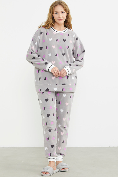 Sementa Gray Patterned Oversize Fleece Pajama Set