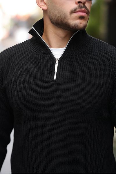 Valiberta Oversize Thessaloniki Knitted Half Zipper Men's Knitwear Sweater - Black