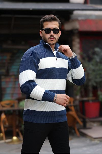 Valiberta Oversize Striped Thessaloniki Braided Half Zipper Knitwear Men's Sweater - Indigo