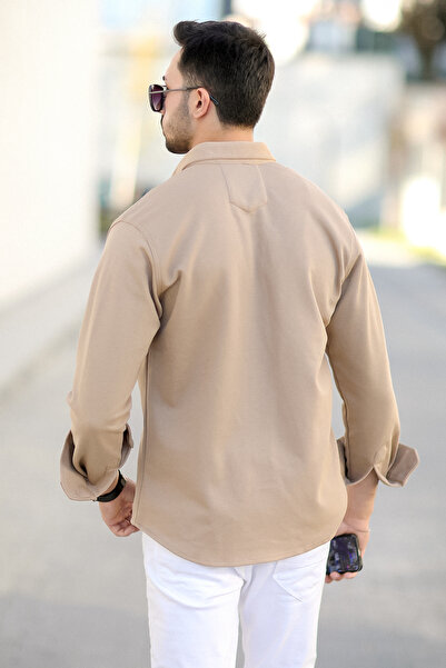 JB John Borners Чоловіча сорочка з двома кишенями, коричнева, з бавовняною сумішшю, з кнопками-застібками - 16805