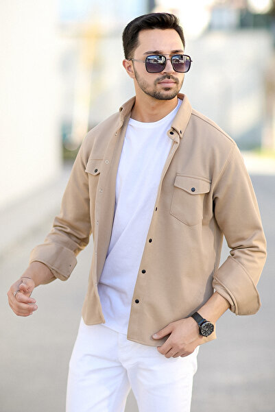 JB John Borners Чоловіча сорочка з двома кишенями, коричнева, з бавовняною сумішшю, з кнопками-застібками - 16805