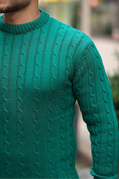 Valiberta Hair Braided Crew Neck Men's Knitwear Sweater - Green