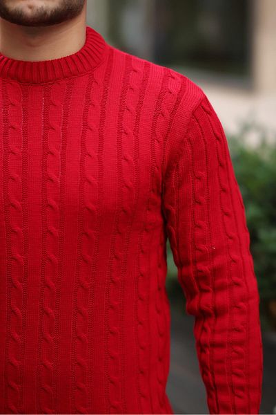 Valiberta Hair Braided Crew Neck Men's Knitwear Sweater - Red