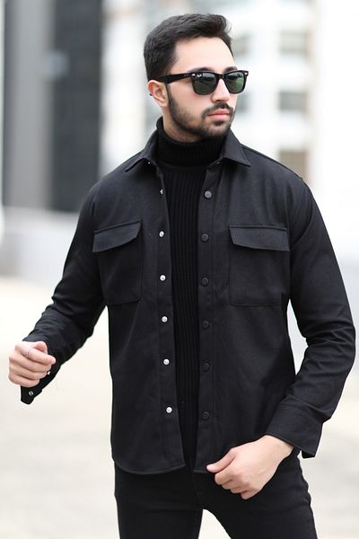 JB John Borners Men's Shirt Jacket Black Lightweight Fabric Double Pocket Snap Closure - 16815