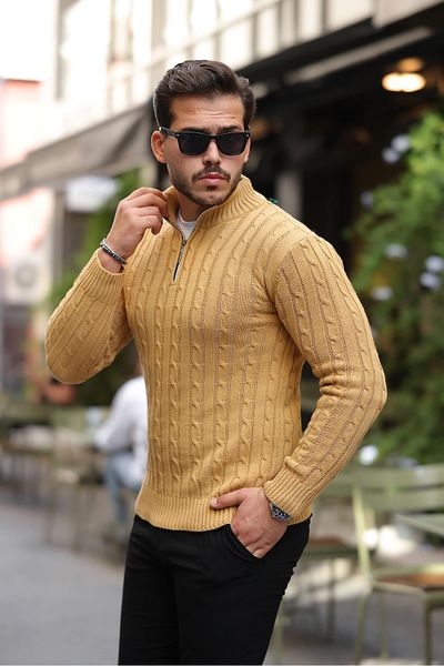 Valiberta Hair Braided Half Zipper Men's Knitwear Sweater - Earth